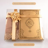Şal + Tesbih + Kuran Hediye Seti (Orta Boy, Standart Cilt, Gold) - 1