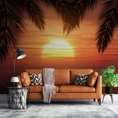 Günbatımı Palmiye Deniz Manzaralı Duvar Kağıdı Baskı thumbnail 1