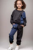 Kız Çocuk Kot Detaylı Cepli Aplike Siyah Eşofman Takım thumbnail 1