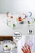 6'lı Figürlü Cam Bardak 3D Sevimli Karikatürler Bardağı Kawaii Renkli Kulplu Sunum Fincanı 350 ml. thumbnail 1