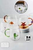 4'lü Figürlü Cam Bardak 3D Sevimli Karikatürler Bardağı Kawaii Renkli Kulplu Sunum Fincanı 350 ml. - 1