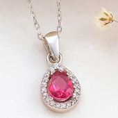 925 Ayar Gümüş Pembe Damla Zirkon Taşlı Kadın Kolye - 1