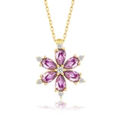 925 Ayar Gümüş Gold Mor Lotus Çiçeği Kadın Kolye - 1