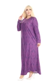 Melsay Butik Yumoş Kumaş Mor Dantel Desen Uzun Kollu Kadın Tesettür Elbise - 4