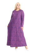 Melsay Butik Yumoş Kumaş Mor Dantel Desen Uzun Kollu Kadın Tesettür Elbise - 3