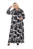 Melsay Butik Fularlı Beyaz Fırça Desen Uzun Kollu Büyük Beden Kadın Elbise thumbnail 2