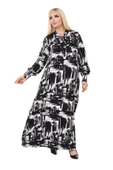 Melsay Butik Fularlı Beyaz Fırça Desen Uzun Kollu Büyük Beden Kadın Elbise thumbnail 1