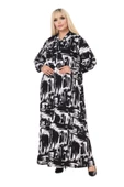 Melsay Butik Fularlı Beyaz Fırça Desen Uzun Kollu Büyük Beden Kadın Elbise thumbnail 3