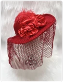 Çiçekli Tüylü Kadife Vualet Lüks Kırmızı Şapka thumbnail 1