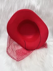 Çiçekli Tüylü Kadife Vualet Lüks Kırmızı Şapka thumbnail 3
