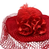 Çiçekli Tüylü Kadife Vualet Lüks Kırmızı Şapka thumbnail 4