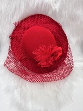Çiçekli Tüylü Kadife Vualet Lüks Kırmızı Şapka thumbnail 2