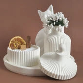 El Yapımı Zarif Kedili Mumluk ve Dekoratif Vazo Seti Beyaz Renkli - 1