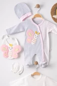 Kelebek Nakışlı Tulumlu % 100 Pamuk Kız Bebek 5'li Set - 3
