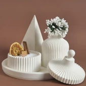 El Yapımı Piramitle Tamamlanmış Beyaz Mumluk ve Dekoratif  Vazo Seti Beyaz Renkli - 1