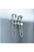 2'Lİ YONCA MODEL ZİNCİRLİ KADIN KÜPE GÜMÜŞ RENK 5CM - 3