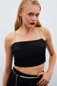 Taş Askılı Saten Crop Bluz - SİYAH - 1