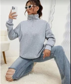 Unisex Uzun Kol Yarım Farmuarlı Yakalı Basic SweatShirt - Gri - 1