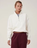 Oversize Yarım Farmuarlı Yakalı Basic SweatShirt - Beyaz - 1