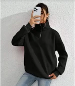 Unisex Uzun Kol Yarım Farmuarlı Yakalı Basic SweatShirt - Siyah thumbnail 1