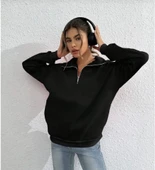 Unisex Uzun Kol Yarım Farmuarlı Yakalı Basic SweatShirt - Siyah thumbnail 2