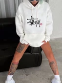 Üç İplik Kapşonlu Baskılı SweatShirt - Beyaz - 1