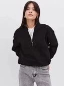 Oversize Yarım Farmuarlı Yakalı Basic SweatShirt - Siyah thumbnail 1