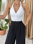 Siyah %100 Pamuk Yandan Düğmeli Geniş Paça Pantolon thumbnail 3