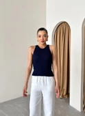Beyaz Beli Lastikli Pamuklu Keten Pantolon - 2