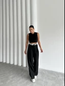 Siyah İp Kemerli Tasarım Pantolon - 4