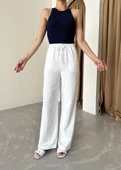 Beyaz Beli Lastikli Pamuklu Keten Pantolon - 1