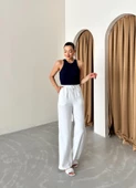 Beyaz Beli Lastikli Pamuklu Keten Pantolon - 6