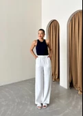 Beyaz Beli Lastikli Pamuklu Keten Pantolon - 3
