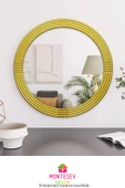 Safir Ahşap Gold Dekoratif Ayna Yuvarlak Ayna Işlemeli Duvar Aynası Banyo Aynası Tekli - 69 Cm - 2