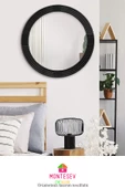 Safir Ahşap  Siyah Dekoratif Ayna Yuvarlak Ayna Işlemeli Duvar Aynası Tekli Banyo Aynası - 43 Cm - 2