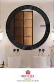Safir Ahşap  Siyah Dekoratif Ayna Yuvarlak Ayna Işlemeli Duvar Aynası Tekli Banyo Aynası - 43 Cm - 1