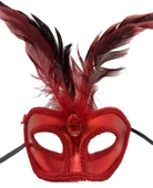 Kırmızı Renk Rugan Kaplama Kırmızı Tüylü Parti Maskesi 18x20 Cm thumbnail 2