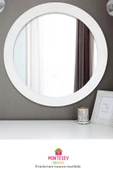 Safir Ahşap  Beyaz Dekoratif Ayna Yuvarlak Ayna Işlemeli Duvar Aynası Banyo Aynası Tekli - 56 Cm - 2