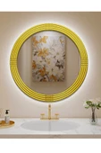 Led'li Işıklı Safir Ahşap Gold Dekoratif Ayna Yuvarlak Ayna İşlemeli Duvar Aynası Tekli - 43 Cm - 1