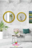 Zümrüt Ahşap Gold Dekoratif Ayna Yuvarlak Ayna Işlemeli Banyo Aynası Duvar Aynası Ikili / 69 - 56 Cm - 1
