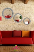 Safir Ahşap Elit Dekoratif Ayna Yuvarlak Ayna Işlemeli Banyo Duvar Aynası Üçlü / 69 - 56 - 43 Cm - 1