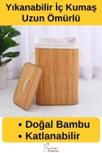 Kapaklı El Yapımı Dekoratif Modern Doğal Ahşap Bambu Banyo Kirli Çamaşır Sepeti 40 X 30 X 60 Cm - 1