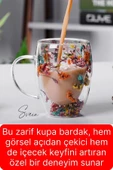 Premium Kurutulmuş Çiçekli Şık Çift Katman Cam Kupa Bardak Hediyelik Kulplu Fincan 250 ml - 4