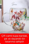 Premium Kurutulmuş Çiçekli Şık Çift Katman Cam Kupa Bardak Hediyelik Kulplu Fincan 250 ml - 5