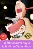 Özel Geyikli Tasarım Pipetli Sızdırmaz Kapaklı Gıdaya Uygun Çocuk Su Matarası Askılı Suluk 650 ml - 3