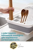 Pratik Katlanabilen Ayarlı Silikon Beyaz Bulaşıklık Kurutmalık Sepet Çatal Kaşık Hazneli Süzgeçli - 4
