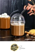 4'lü Kapaklı Cam Pipetli Kristal Sert Mika Bardak Limonata Çay Kahvaltı Kupa Kahve Fincan Pinterest - 5