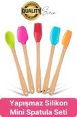 Mini Spatula Kaşık Fırça Setleri Yapışmaz Silikon Tencere Ahşap Saplı Renkli Pişirme Mutfak Araçları - 1