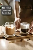 2'li Çift Cidarlı Bardak Seti 350+450 ml Isıya Dayanıklı Espresso Sunum Bardağı Kulplu Kahve Kupası - 1