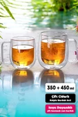 2'li Çift Cidarlı Bardak Seti 350+450 ml Isıya Dayanıklı Espresso Sunum Bardağı Kulplu Kahve Kupası - 2